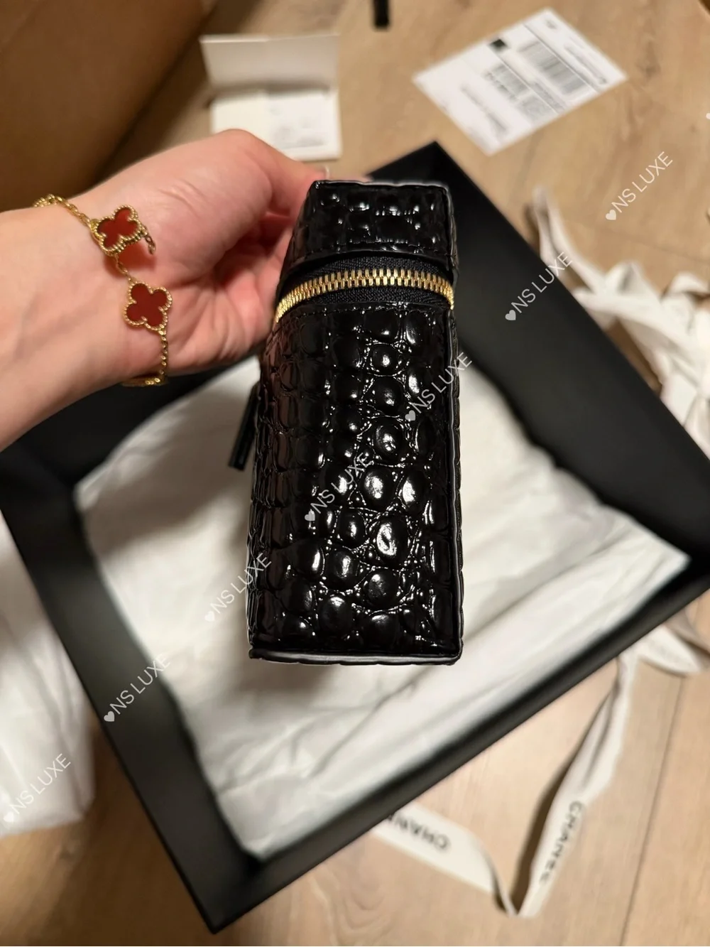 CHANEL Black Croc-Embossed Leather Shoulder Bag with Gold Chain
